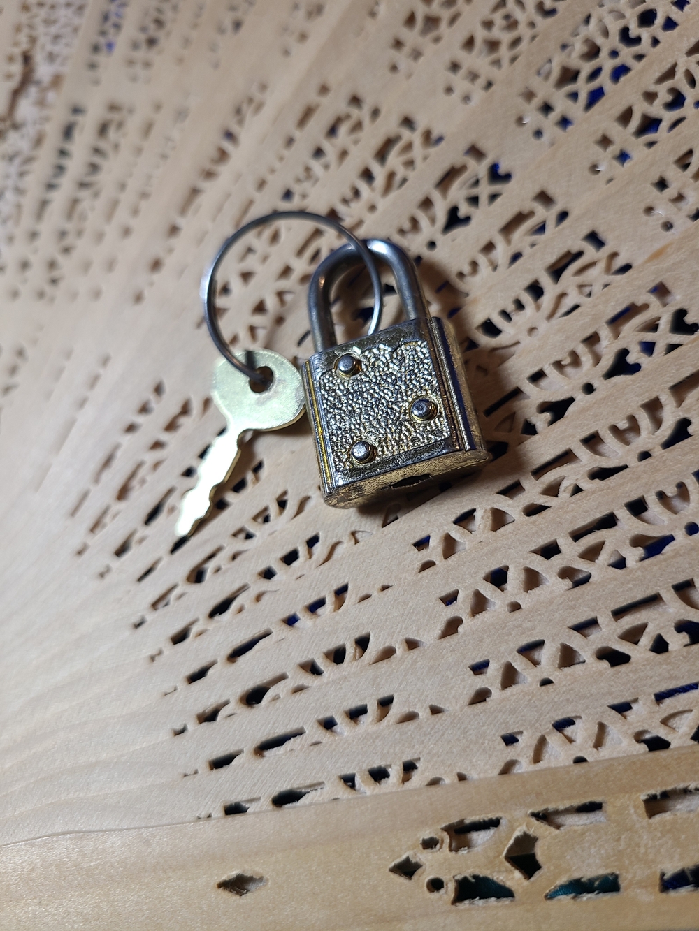 Vintage Gold-Tone Textured Padlock Keychain with Key